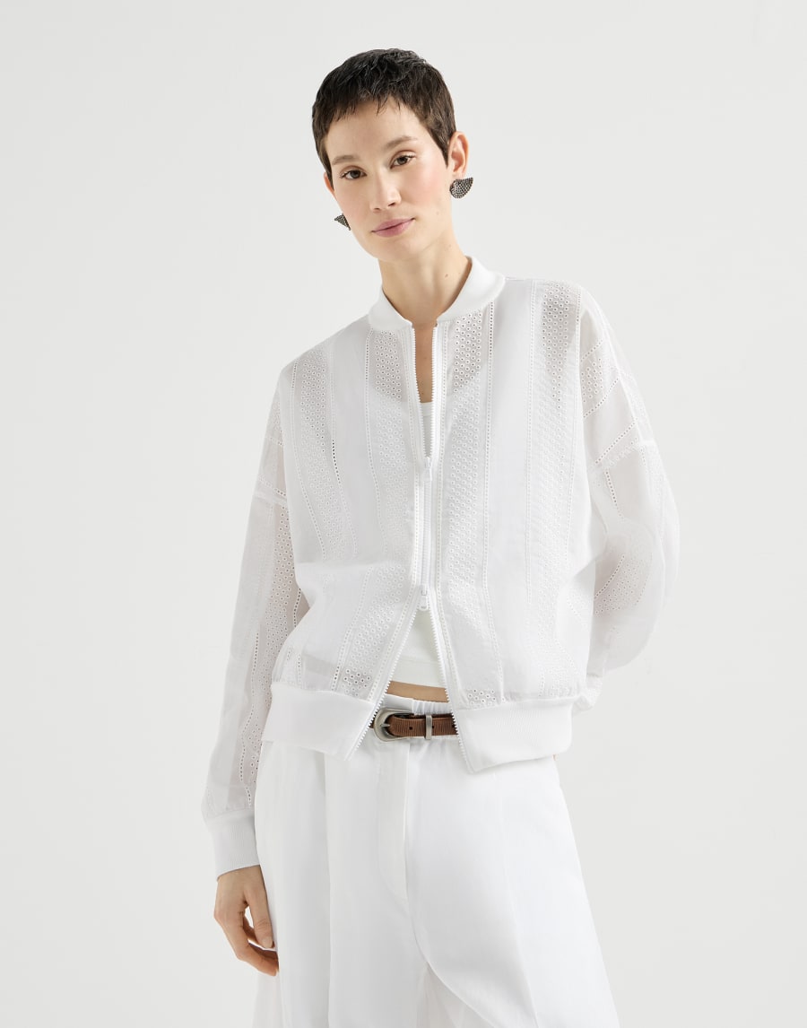 Sparkling broderie anglaise embroidered cotton organza bomber jacket with zip closure - White
