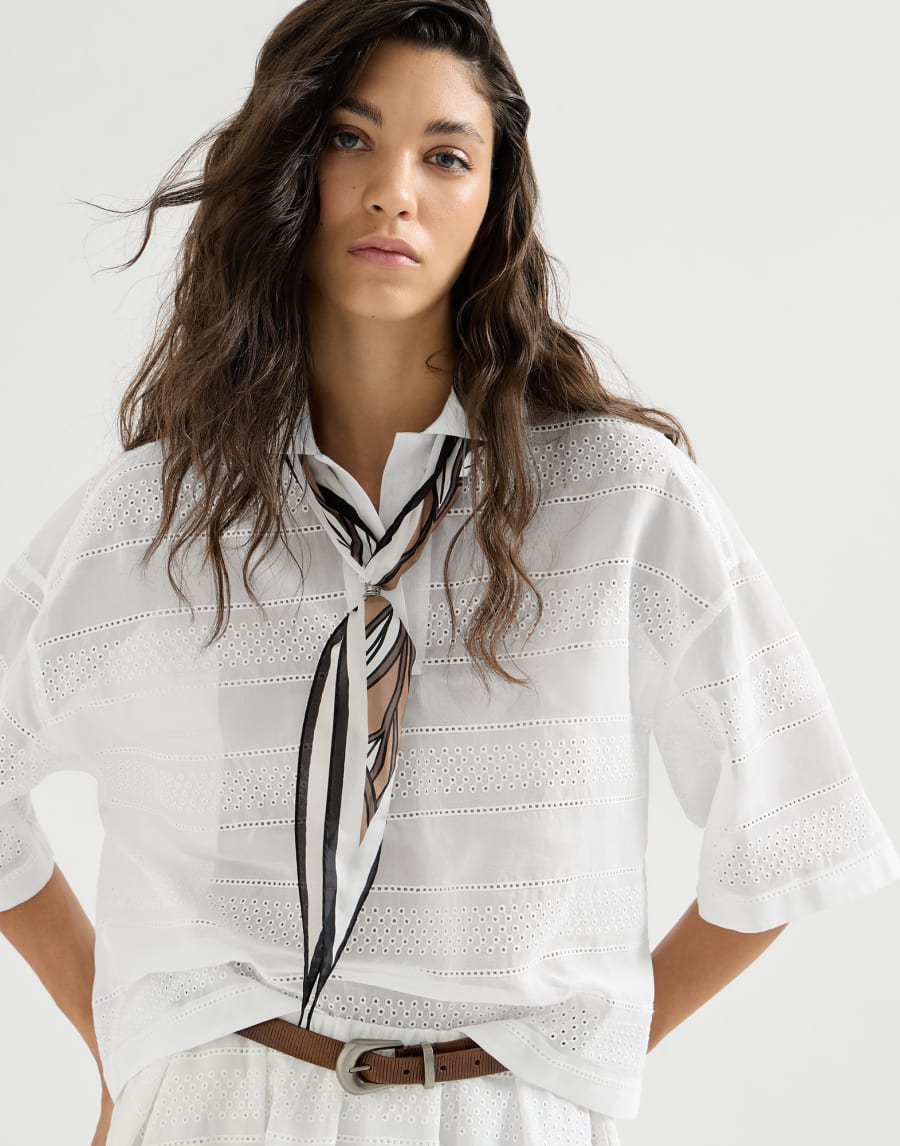 Sparkling broderie anglaise cotton organza short polo shirt - White Sparkling broderie anglaise cotton organza short polo shirt - White