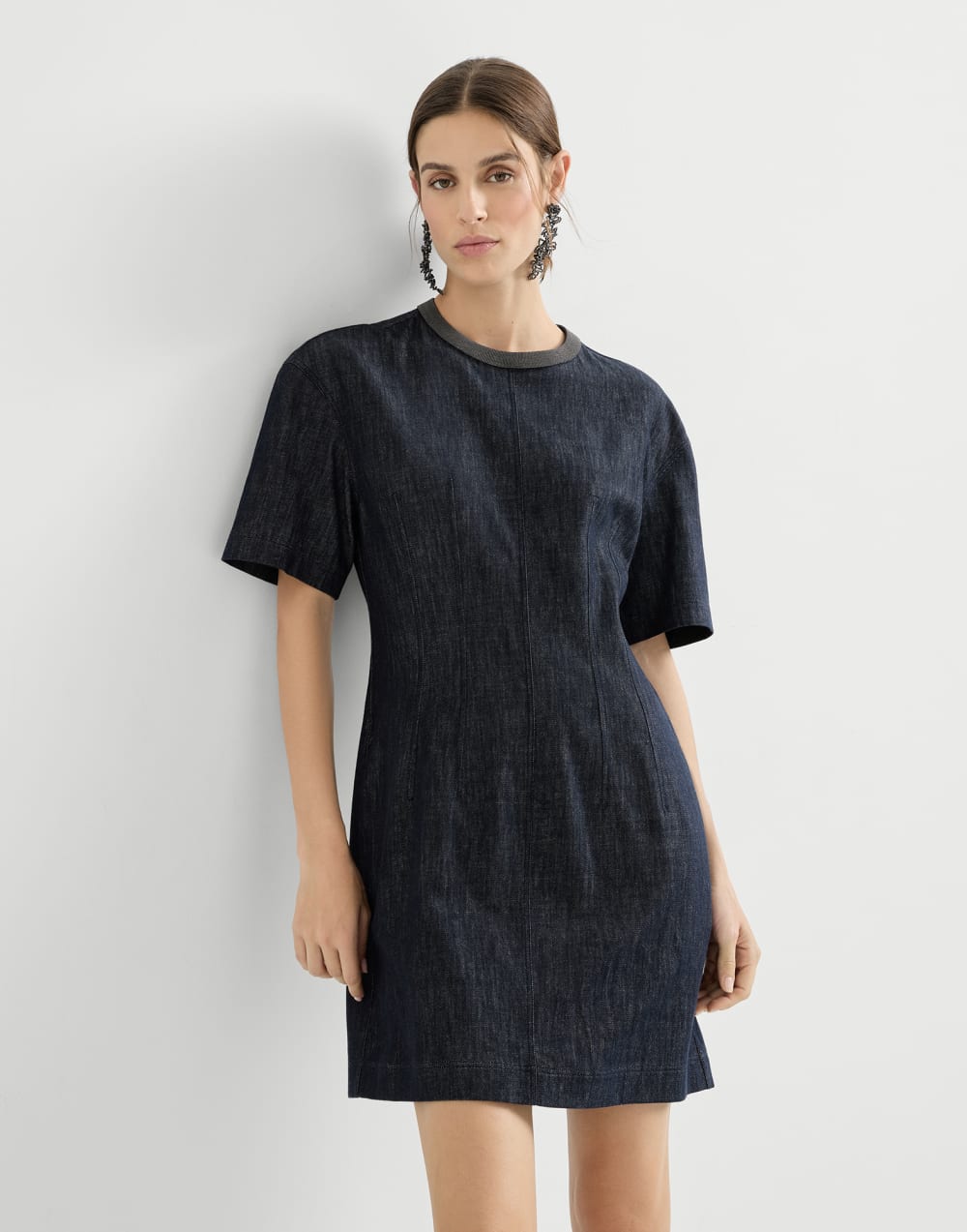 T-shirt style dress with sophisticated neckline in denim-effect cotton twill - Denim Blue