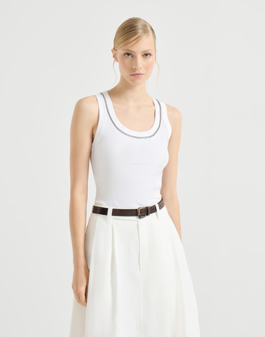 Sleeveless top in cotton stretch ribbed jersey with shiny trim - White