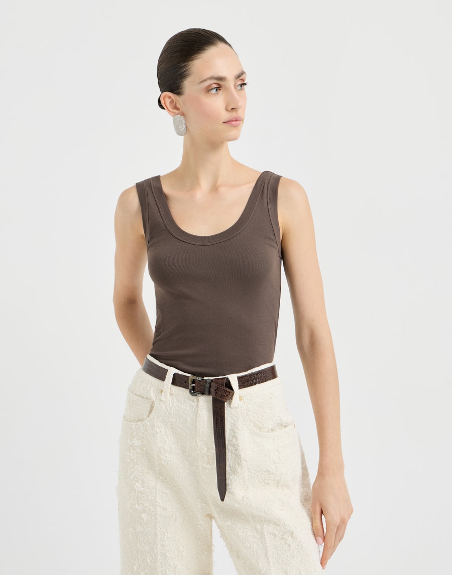 Sleeveless top in stretch cotton and ribbed jersey with beading - Brown