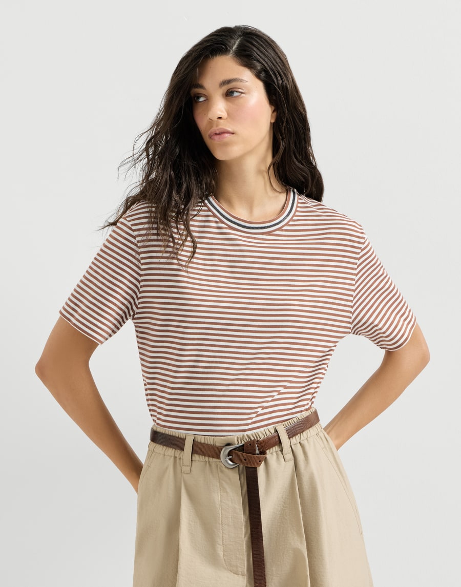 Elegant Collar Cotton Jersey Striped T-Shirt - Light Brown