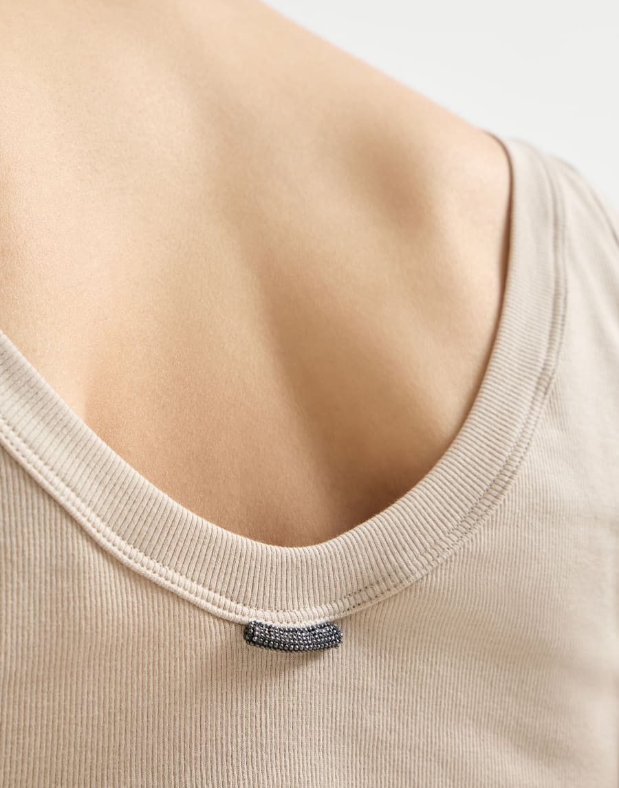 Sleeveless top in stretch cotton and ribbed jersey with beading - Cool Beige