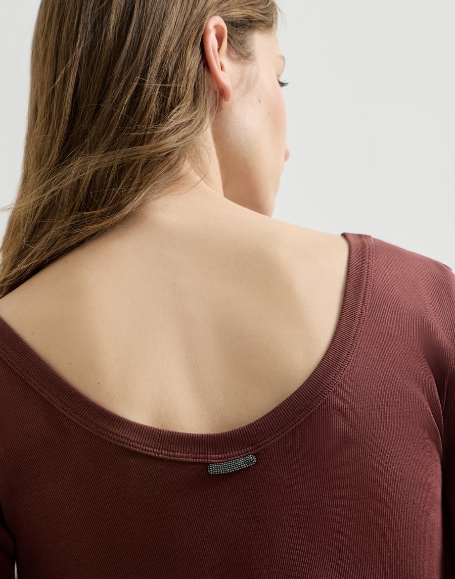Beaded Cotton Stretch Ribbed Jersey T-Shirt - Burgundy