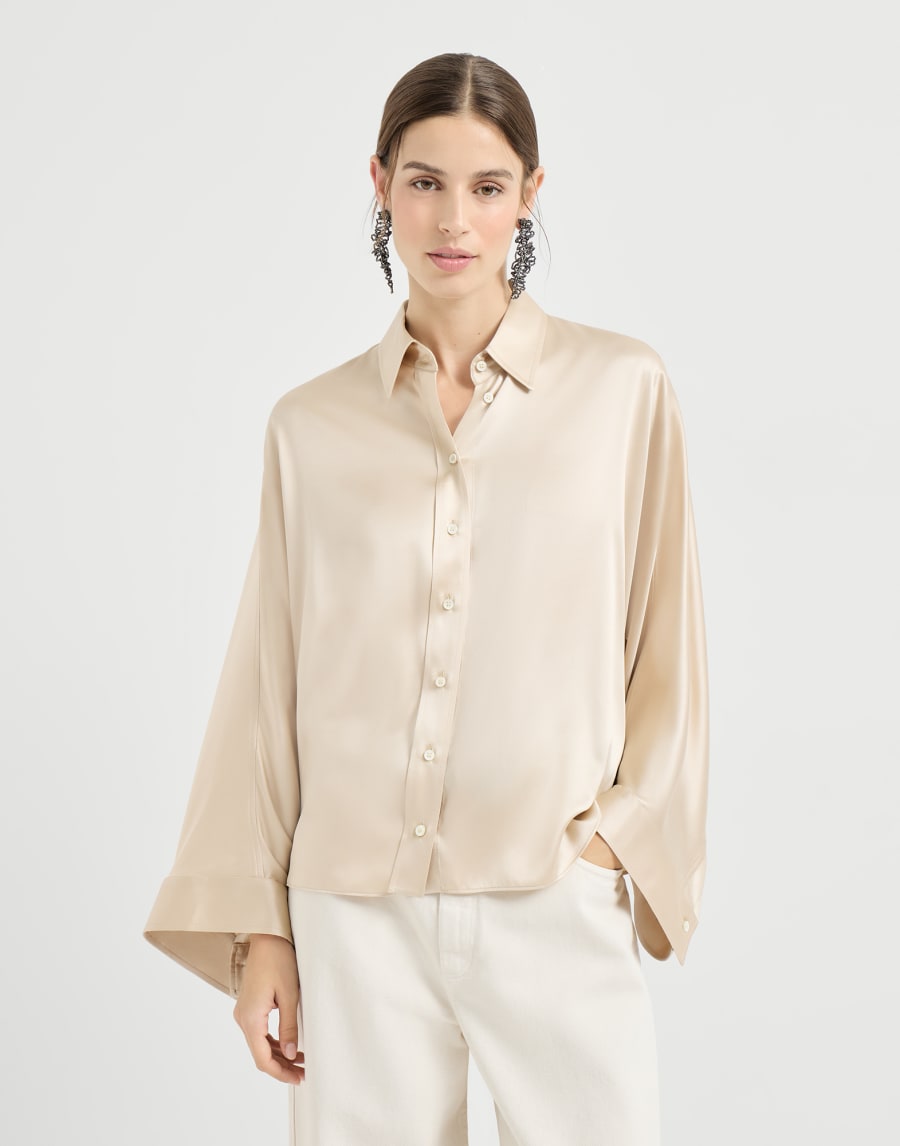 Beaded Stretch Silk Satin Shirt - Sand Yellow