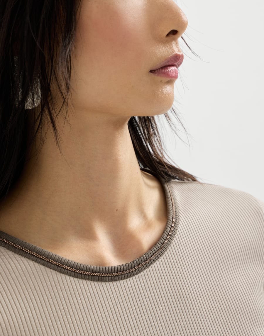 Sleeveless top in cotton stretch ribbed jersey with shiny trim - Light Beige