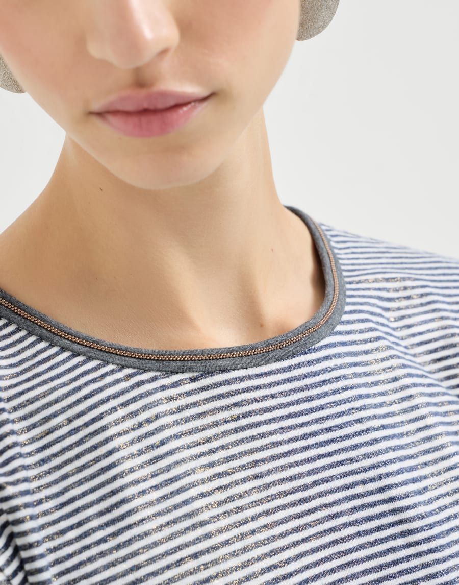 Striped sleeveless top in gold and silver linen jersey with shiny trim - Blue