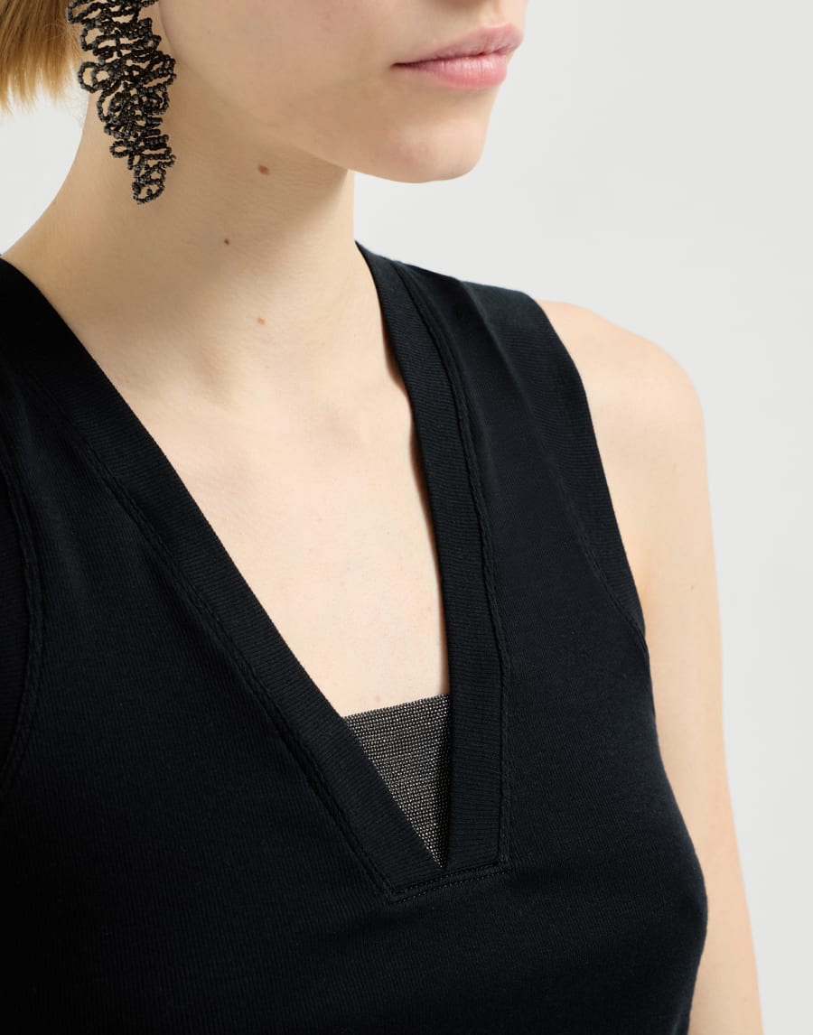 Elegant faux layered cotton stretch jersey T-shirt - Black