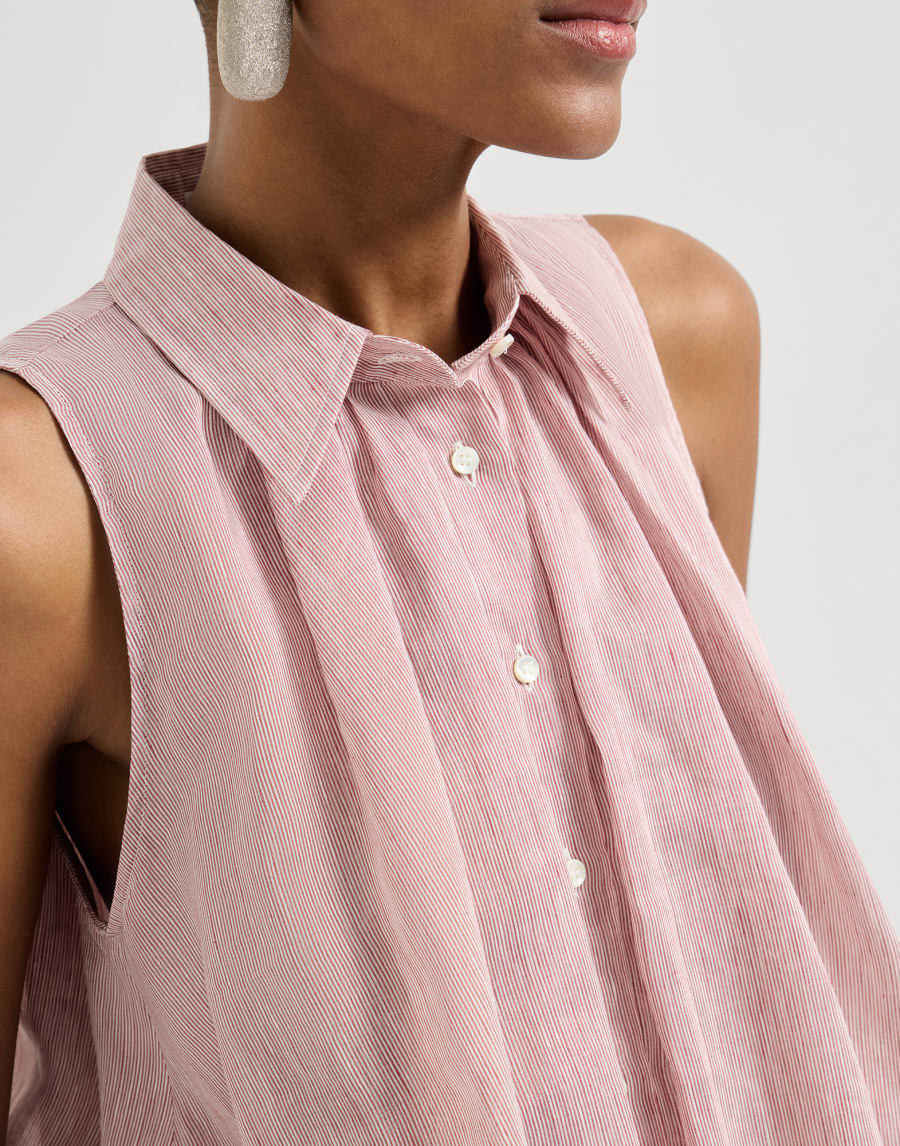Linen Striped Organza Sleeveless Shirt - Pink Linen Striped Organza Sleeveless Shirt - Pink