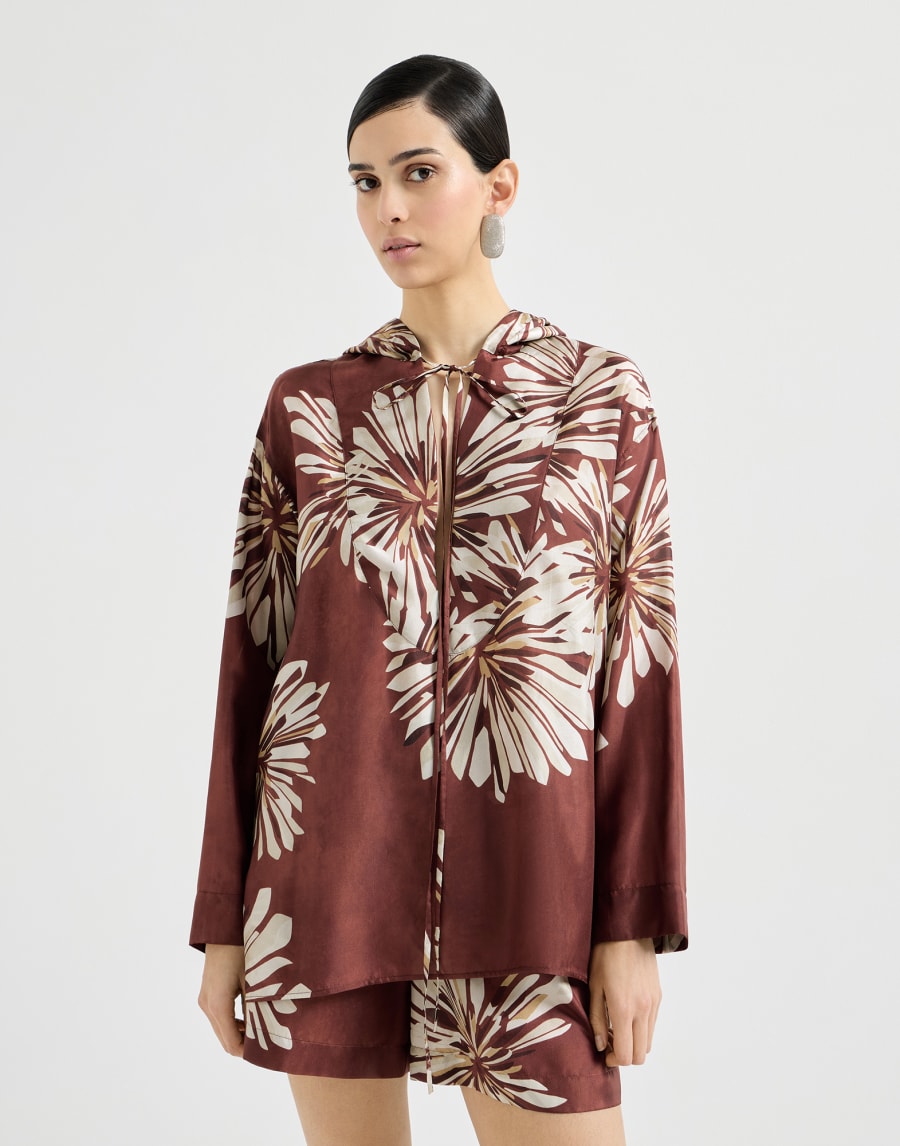 Silk Cocoon Blossom Print Hooded Shirt - Bordeaux