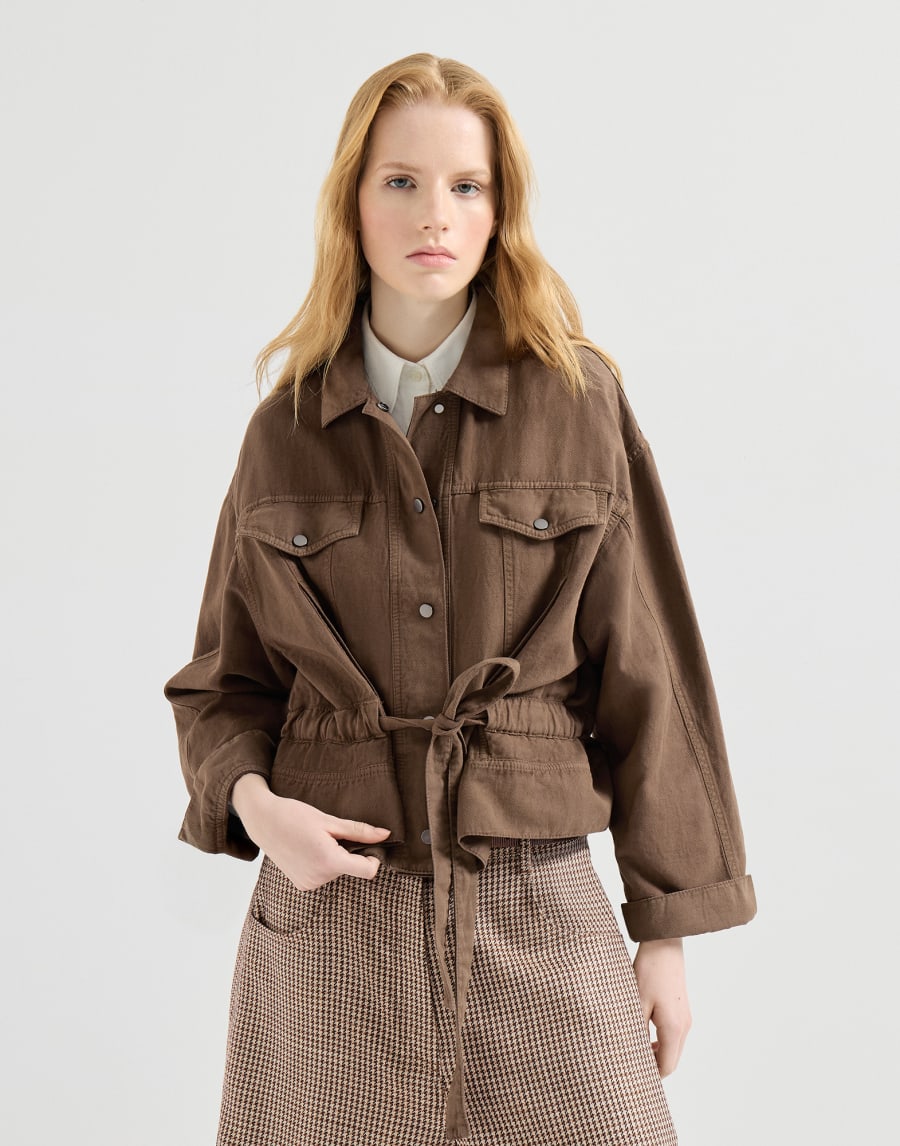Beaded cropped jacket in garment-dyed coated cotton and linen - Cigar
