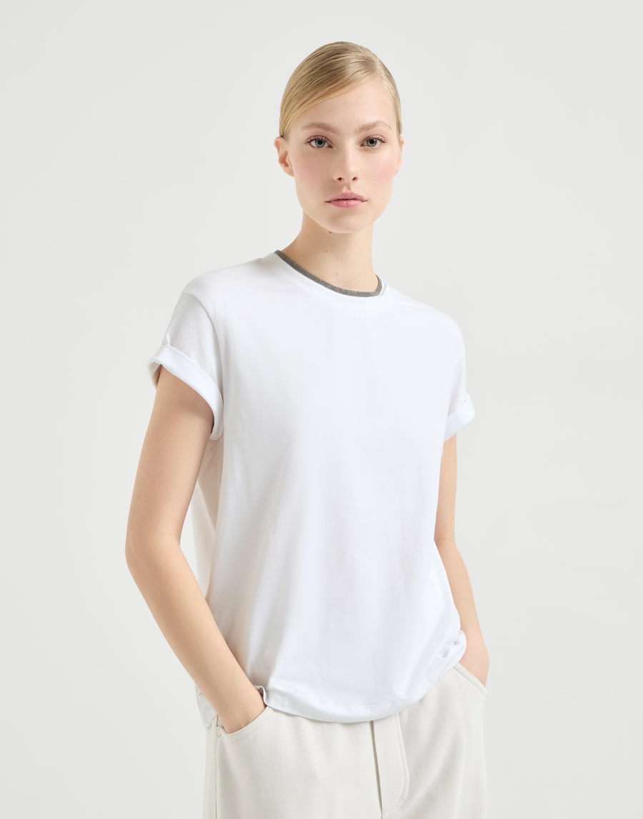 Beaded jersey stretch cotton T-shirt - White