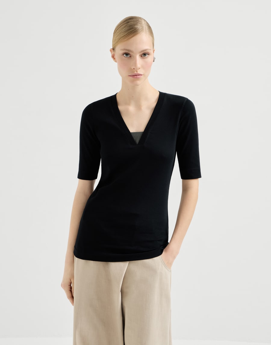 Sleeveless top with delicate inlays in cotton stretch ribbed-knit - Black