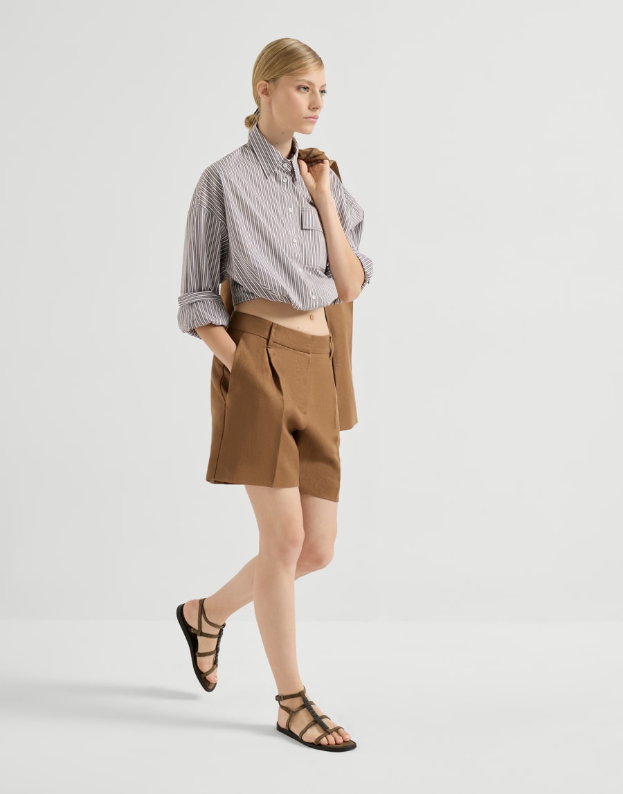Beaded tailored shorts in bias-ribbed linen - Toffee - Womens - Brunello Cucinelli