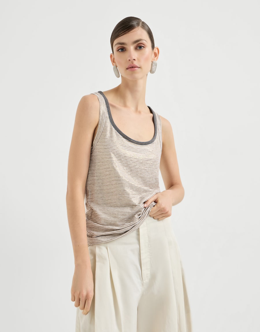 Striped sleeveless top in gold and silver linen jersey with shiny trim - Light Brown