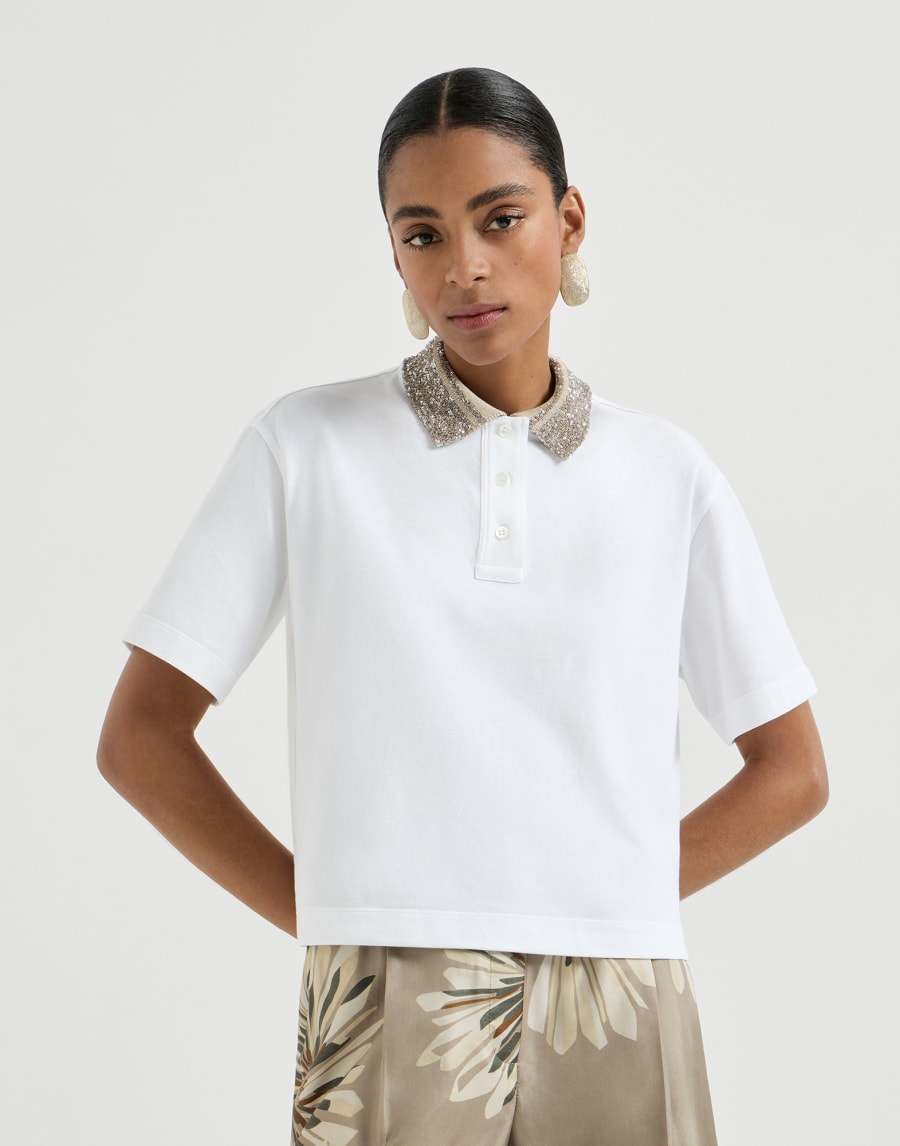 Shiny Knit Collar Cotton Jersey Polo - White