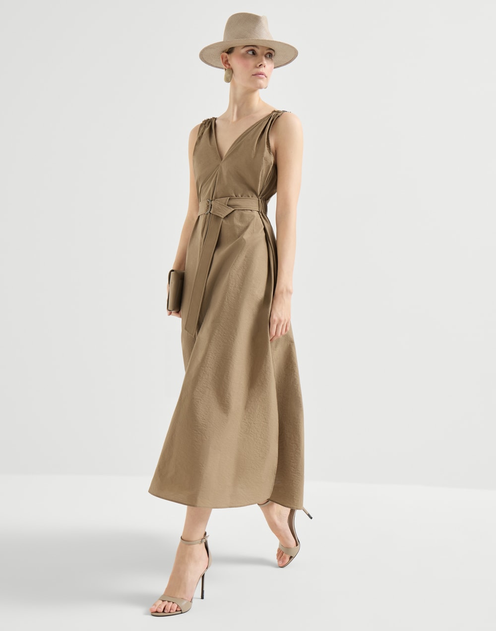 Cotton poplin dress with delicate shoulder straps and belt - Sand Yellow