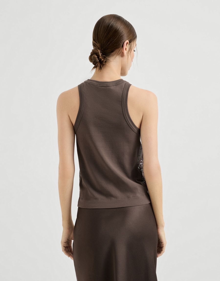 Sparkling Check Embroidered Stretch Cotton Jersey Sleeveless Top - Brown