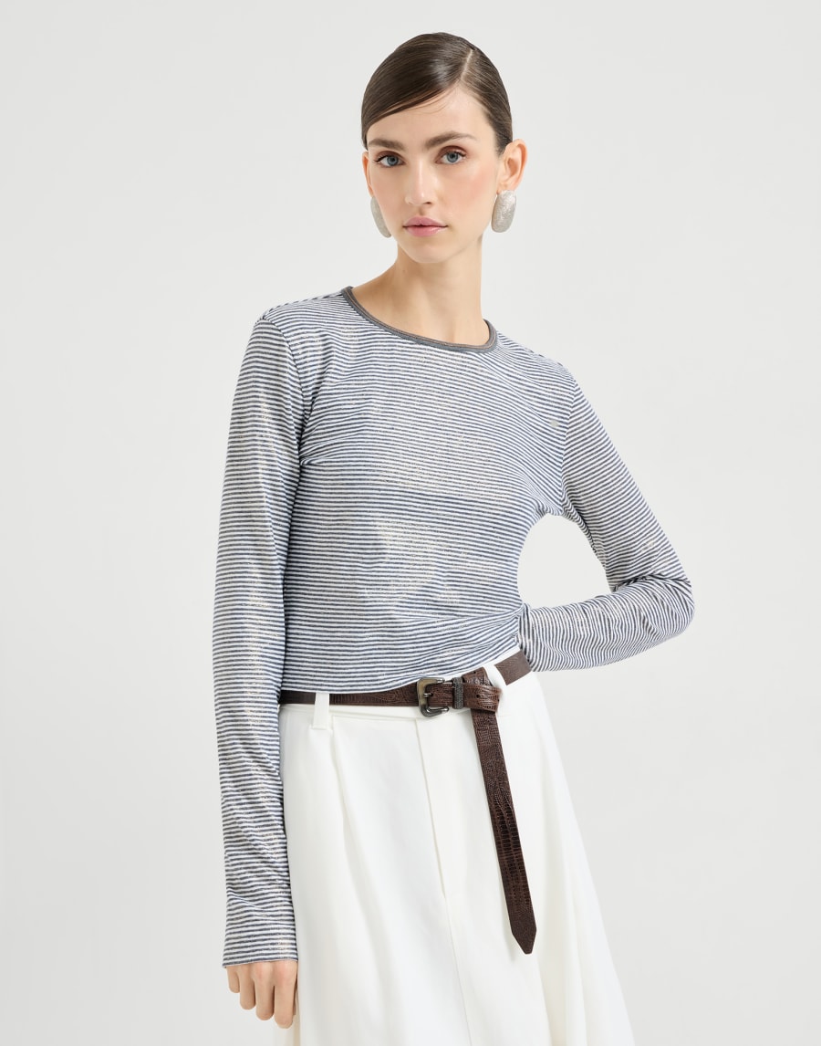 Striped sleeveless top in gold and silver linen jersey with shiny trim - Blue