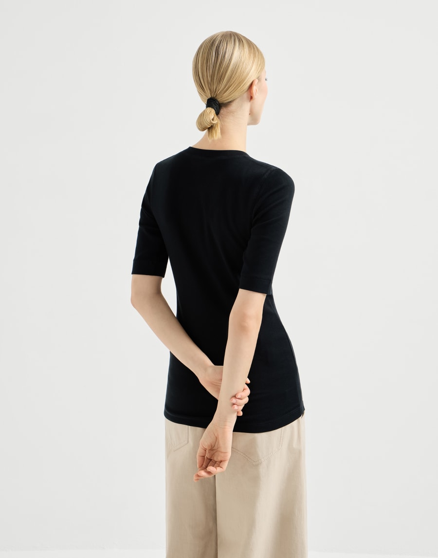 Sleeveless top with delicate inlays in cotton stretch ribbed-knit - Black