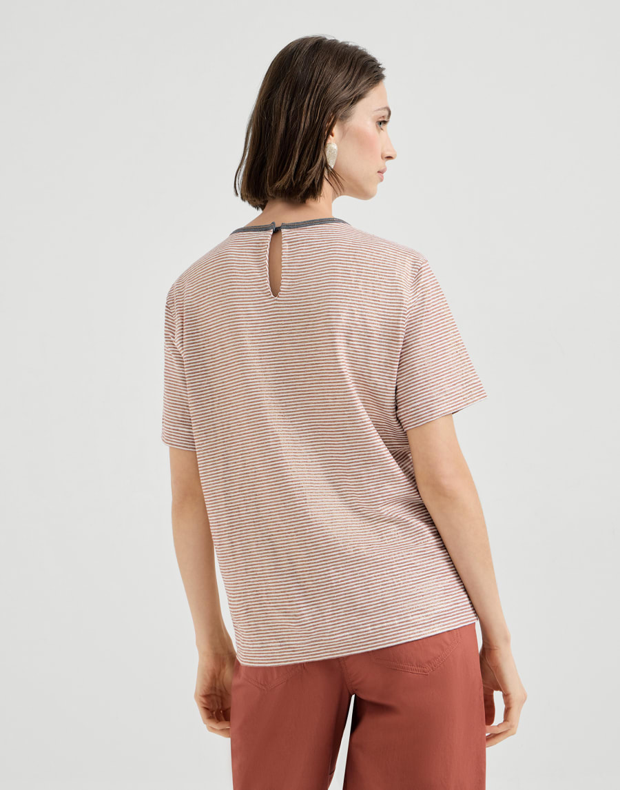 Shiny Trimmed Gold and Silver Linen Jersey Striped T-Shirt - Orange
