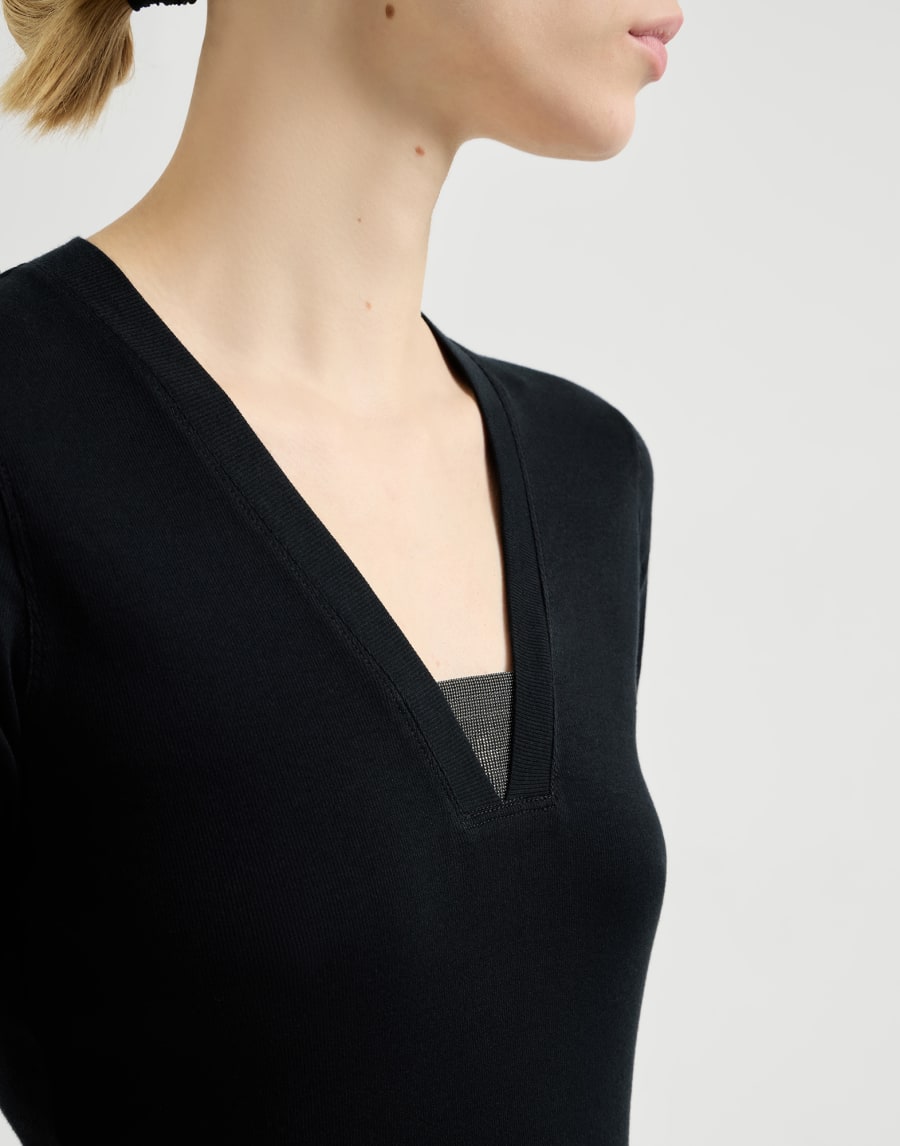 Sleeveless top with delicate inlays in cotton stretch ribbed-knit - Black Sleeveless top with delicate inlays in cotton stretch ribbed-knit - Black