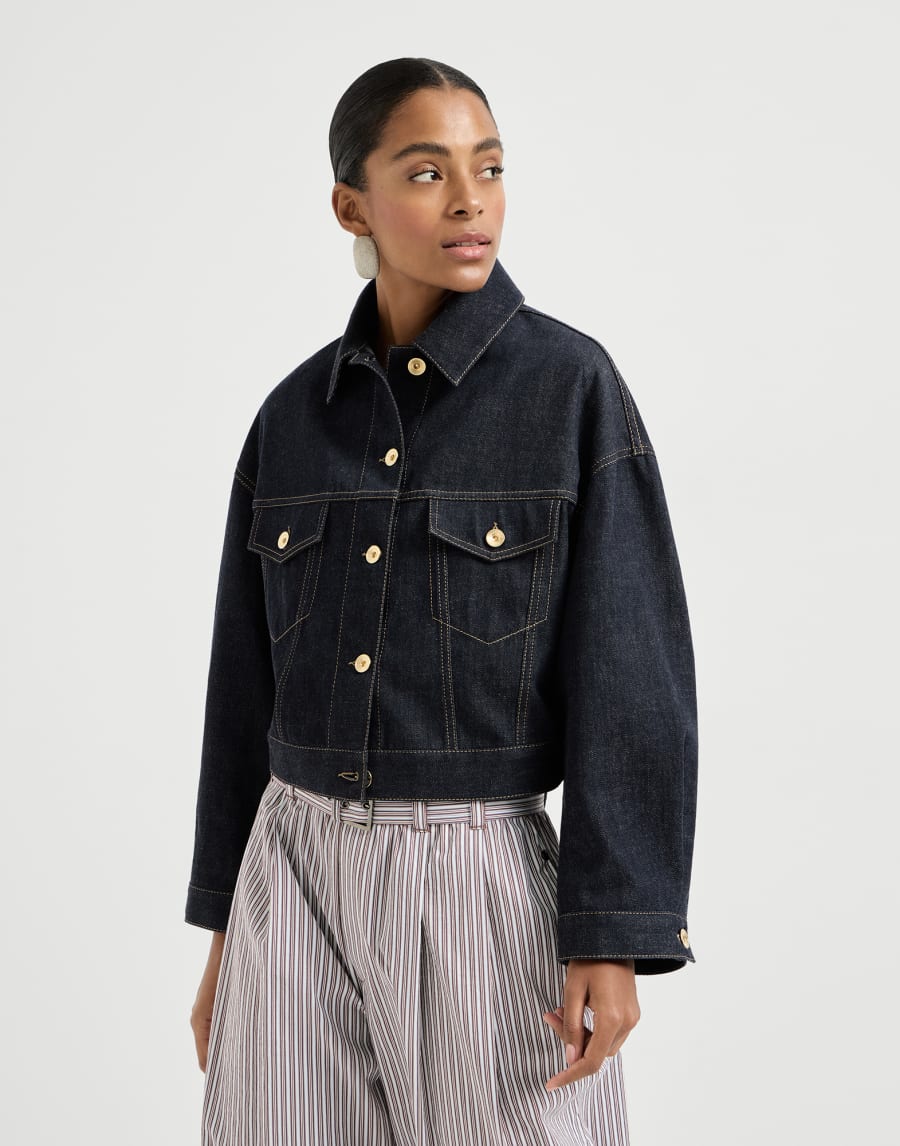 Beaded embellished colorfast denim bomber jacket - Denim Blue