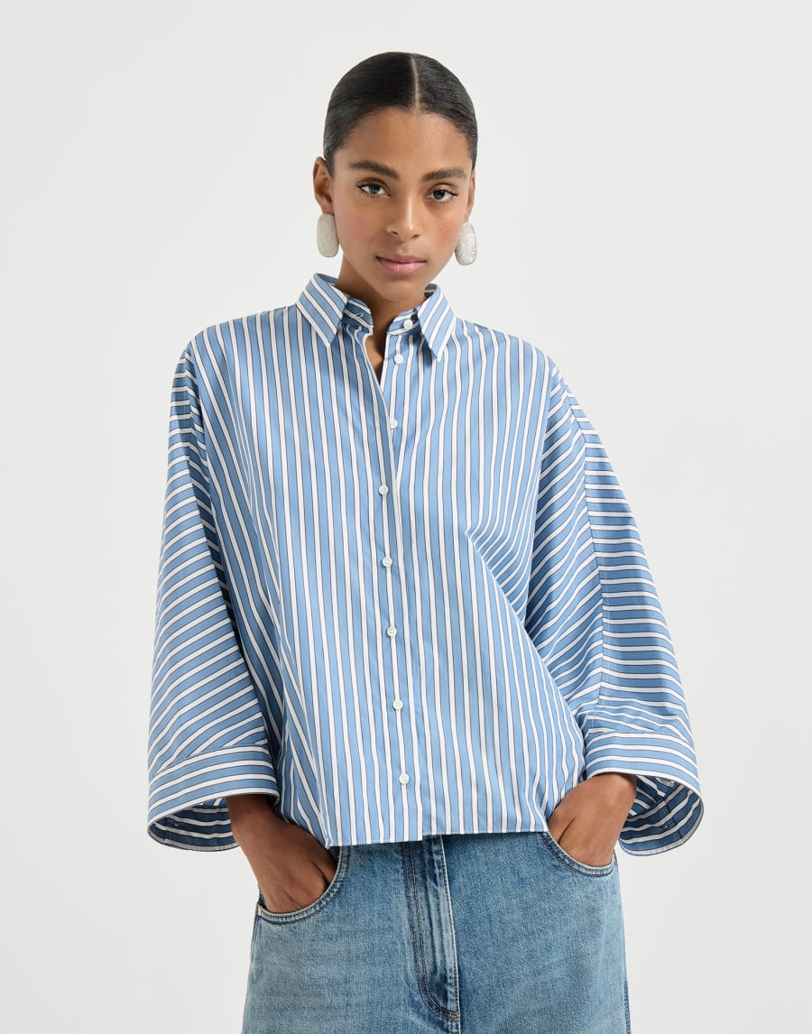 Beaded Shadow Weave Striped Cotton Poplin Shirt - Sky Blue