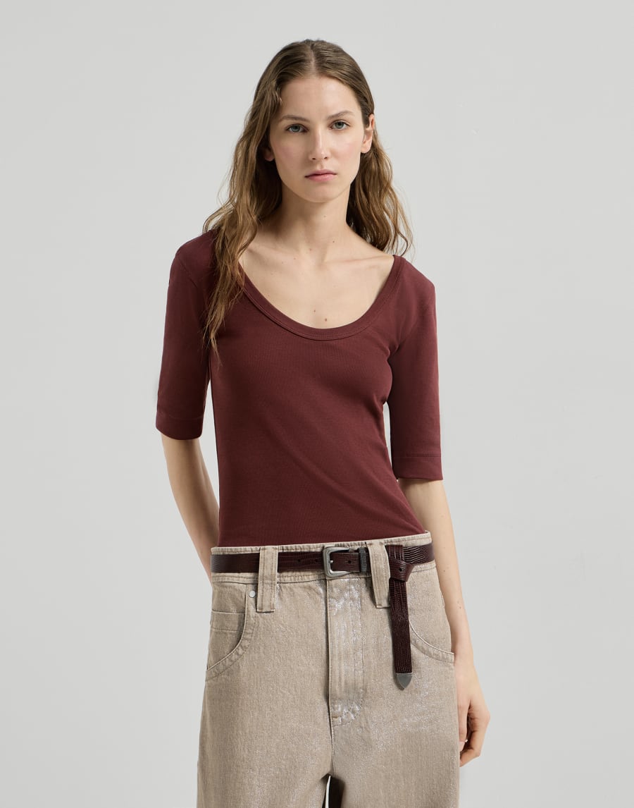 Beaded Cotton Stretch Ribbed Jersey T-Shirt - Burgundy