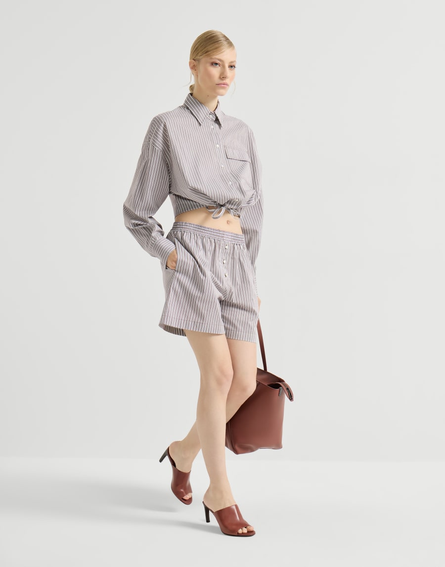 Beaded pajama style striped shorts in cotton and silk poplin - Bordeaux - Womens - Brunello Cucinelli