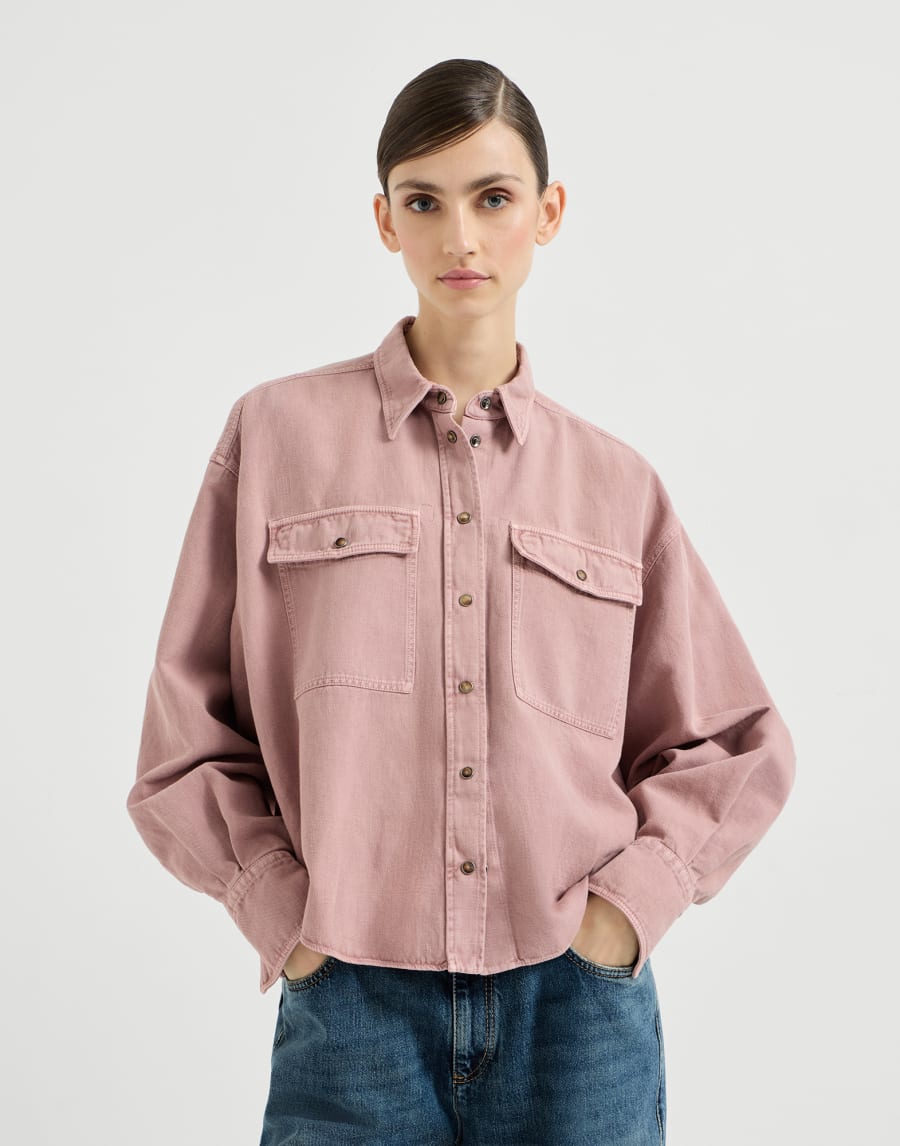 Shirt in cotton and linen, garment-dyed coated fabric - Pink