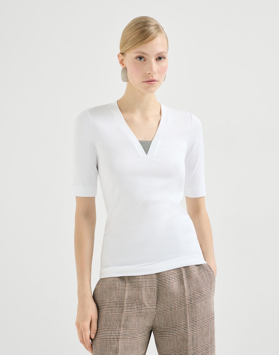 Sleeveless top with delicate inlays in cotton stretch ribbed-knit - White