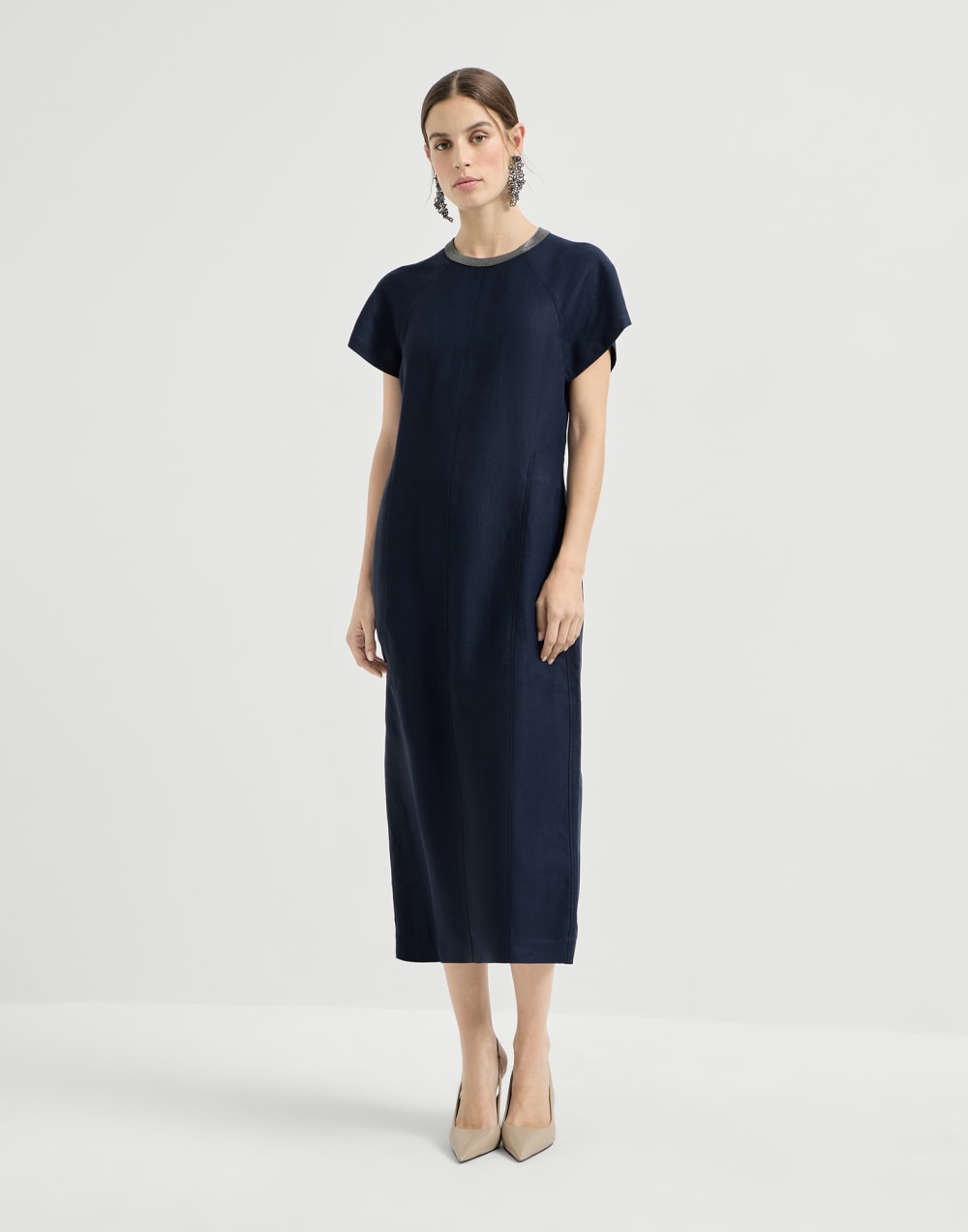 Beautiful collared dress in smooth viscose and linen-blend twill - Blue