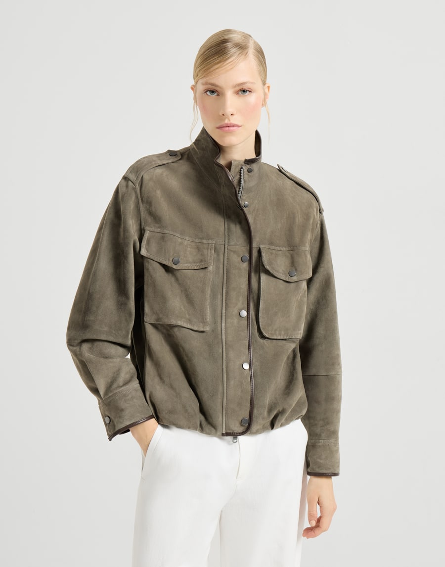 Stylish suede jacket with beading - Khaki