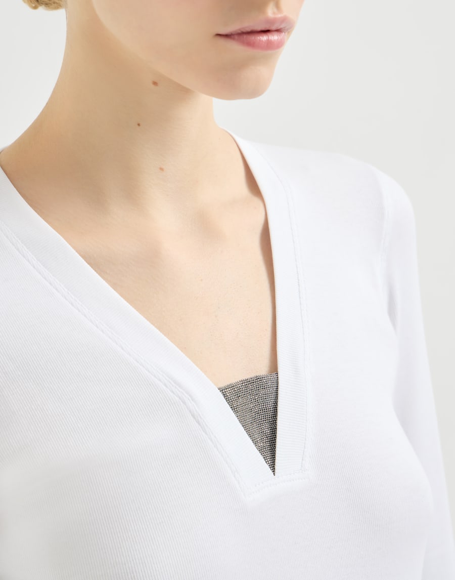 Sleeveless top with delicate inlays in cotton stretch ribbed-knit - White