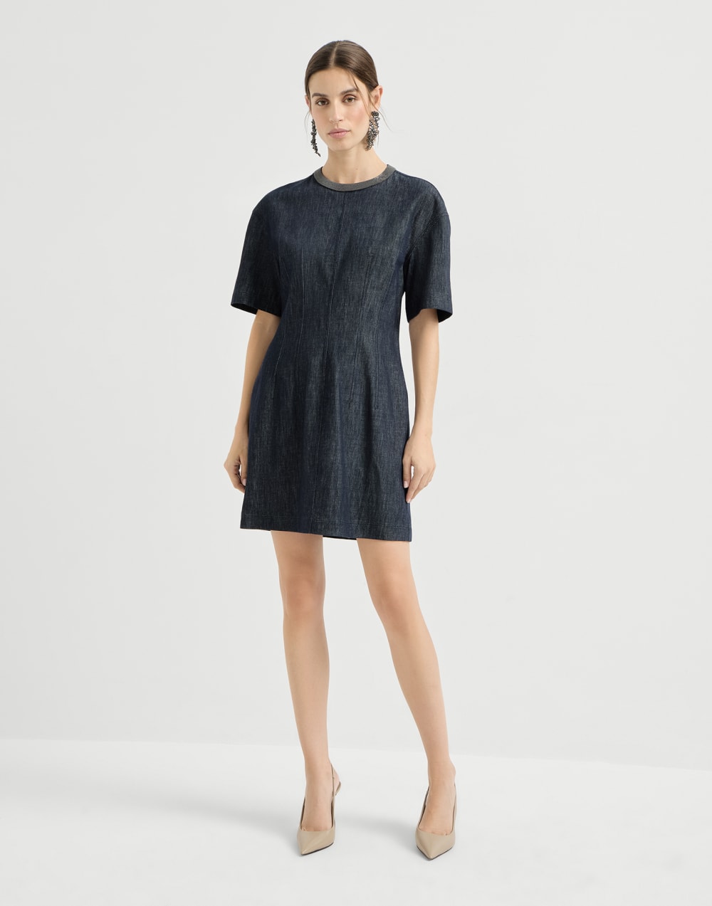 T-shirt style dress with sophisticated neckline in denim-effect cotton twill - Denim Blue