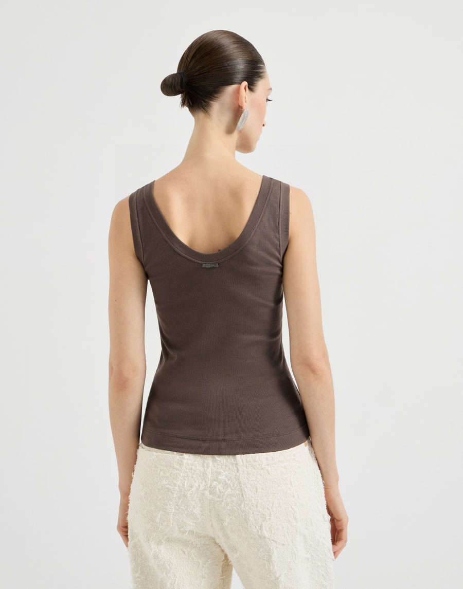 Sleeveless top in stretch cotton and ribbed jersey with beading - Brown