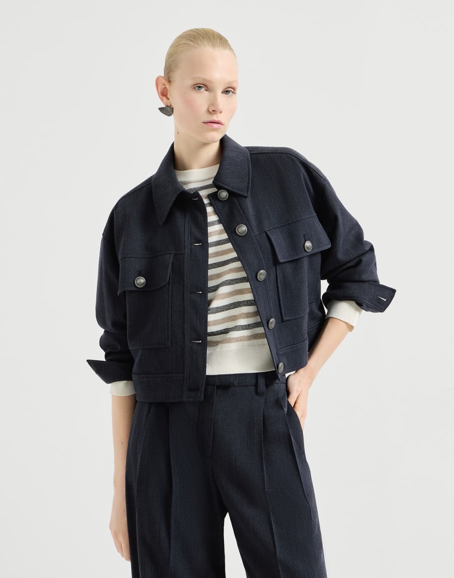 Beaded virgin wool herringbone crepe cropped jacket - Navy