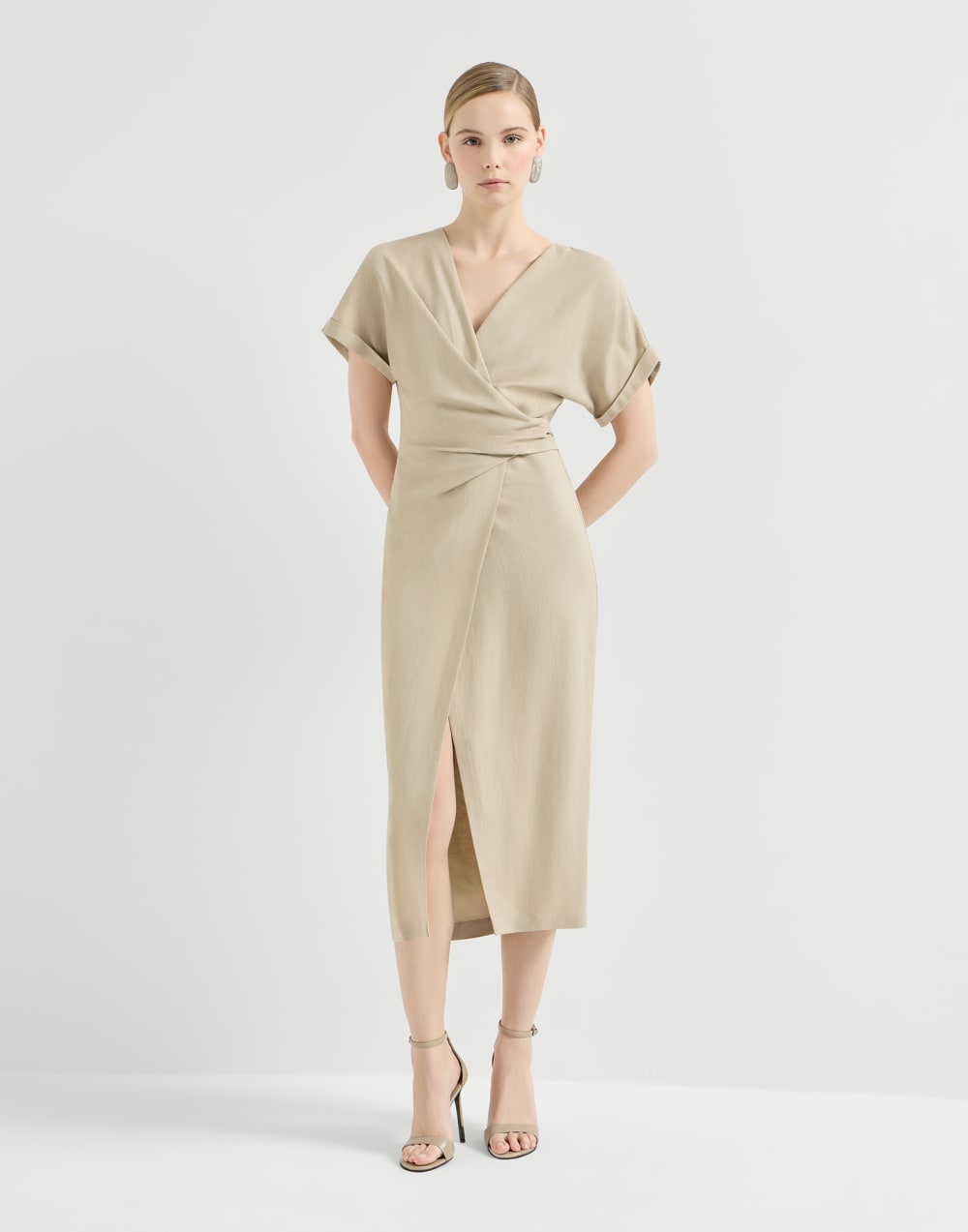 Beaded wrap dress in viscose and linen-blend smooth twill - Beige