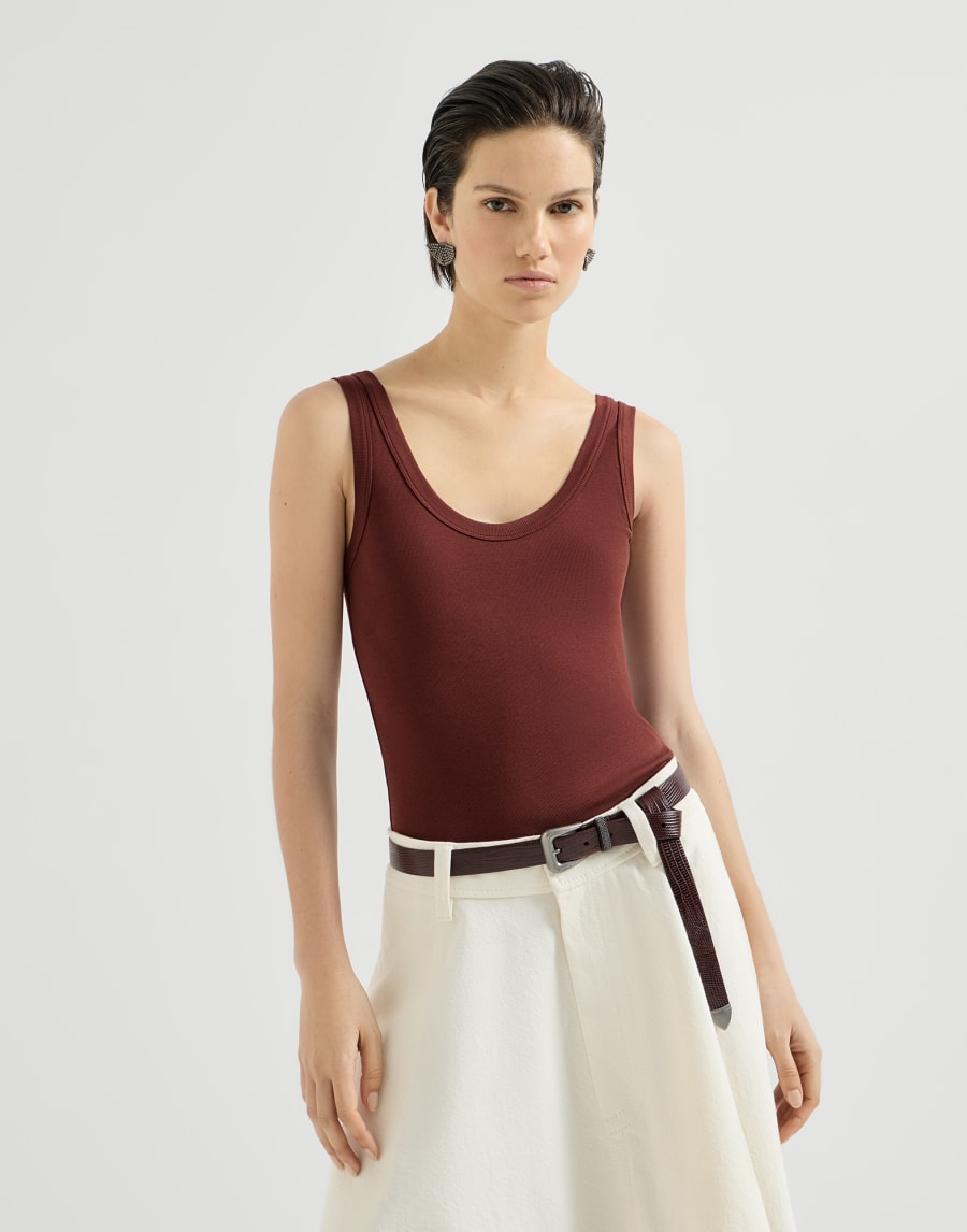 Sleeveless top in stretch cotton and ribbed jersey with beaded trim - Burgundy