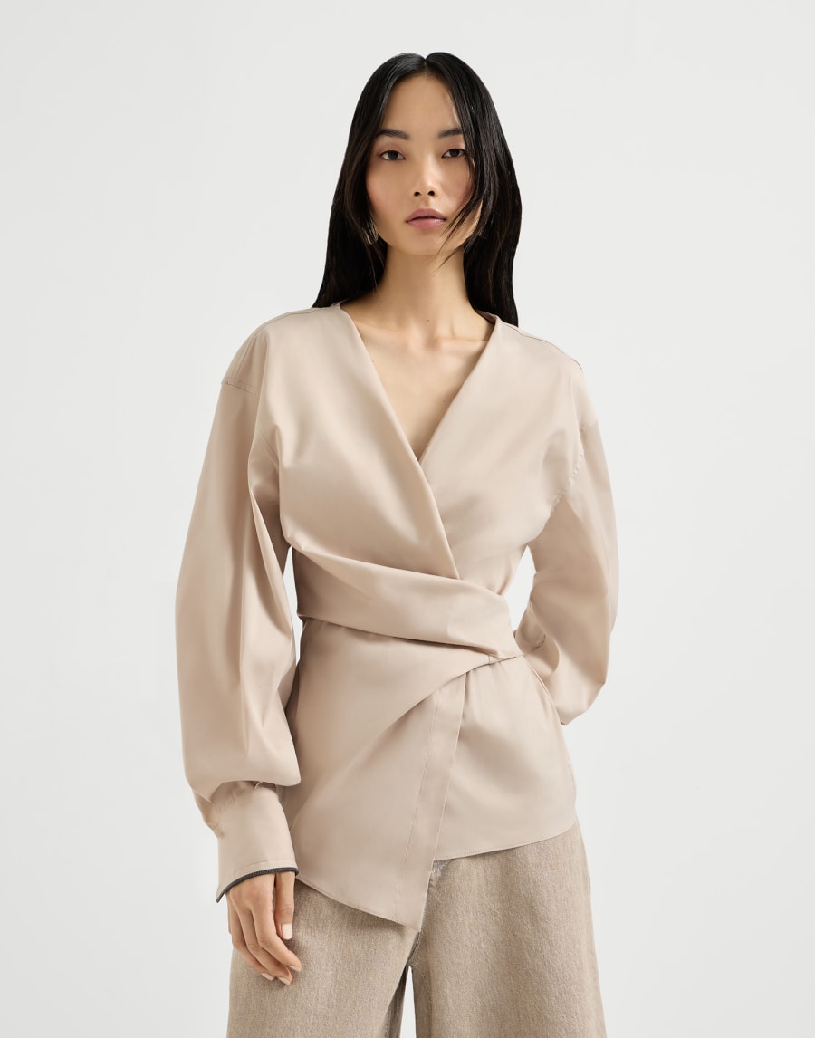 Cotton-stretch poplin shirt with shiny cuffs - Beige