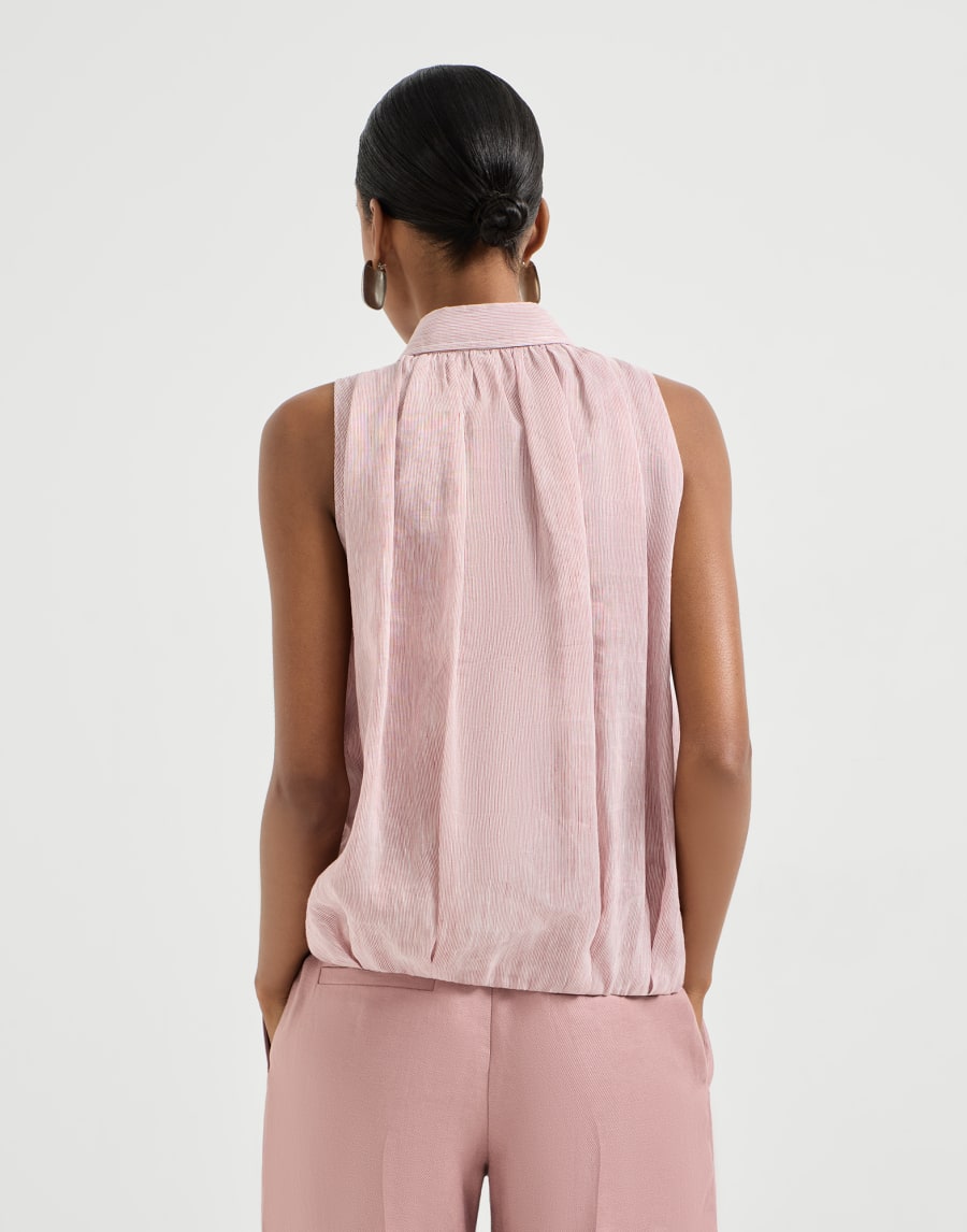 Linen Striped Organza Sleeveless Shirt - Pink Linen Striped Organza Sleeveless Shirt - Pink