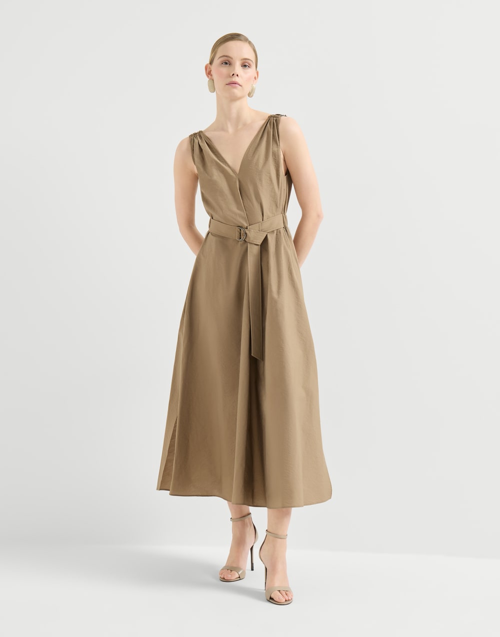 Cotton poplin dress with delicate shoulder straps and belt - Sand Yellow