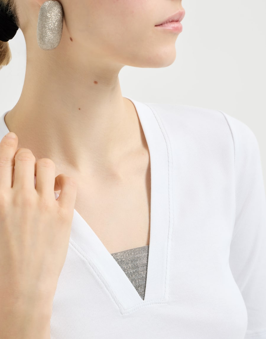 Sleeveless top with delicate inlays in cotton stretch ribbed-knit - White