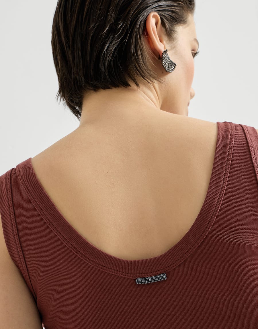Sleeveless top in stretch cotton and ribbed jersey with beaded trim - Burgundy