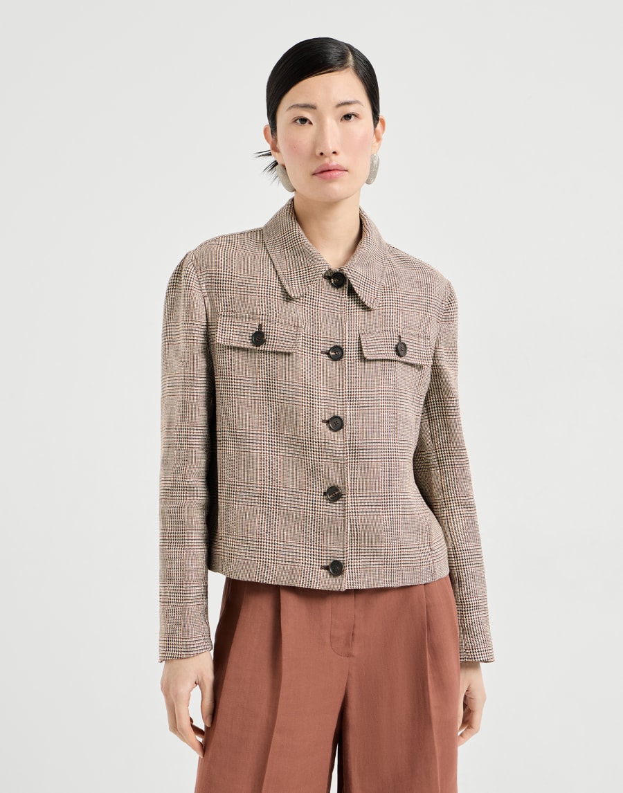 Beaded Welsh Check Linen Jacket - Light Brown