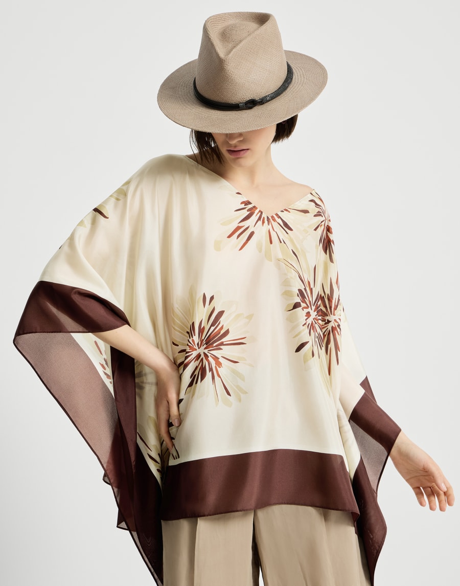 Cape Style Silk Cocoon Blossom Print T-Shirt - Beige