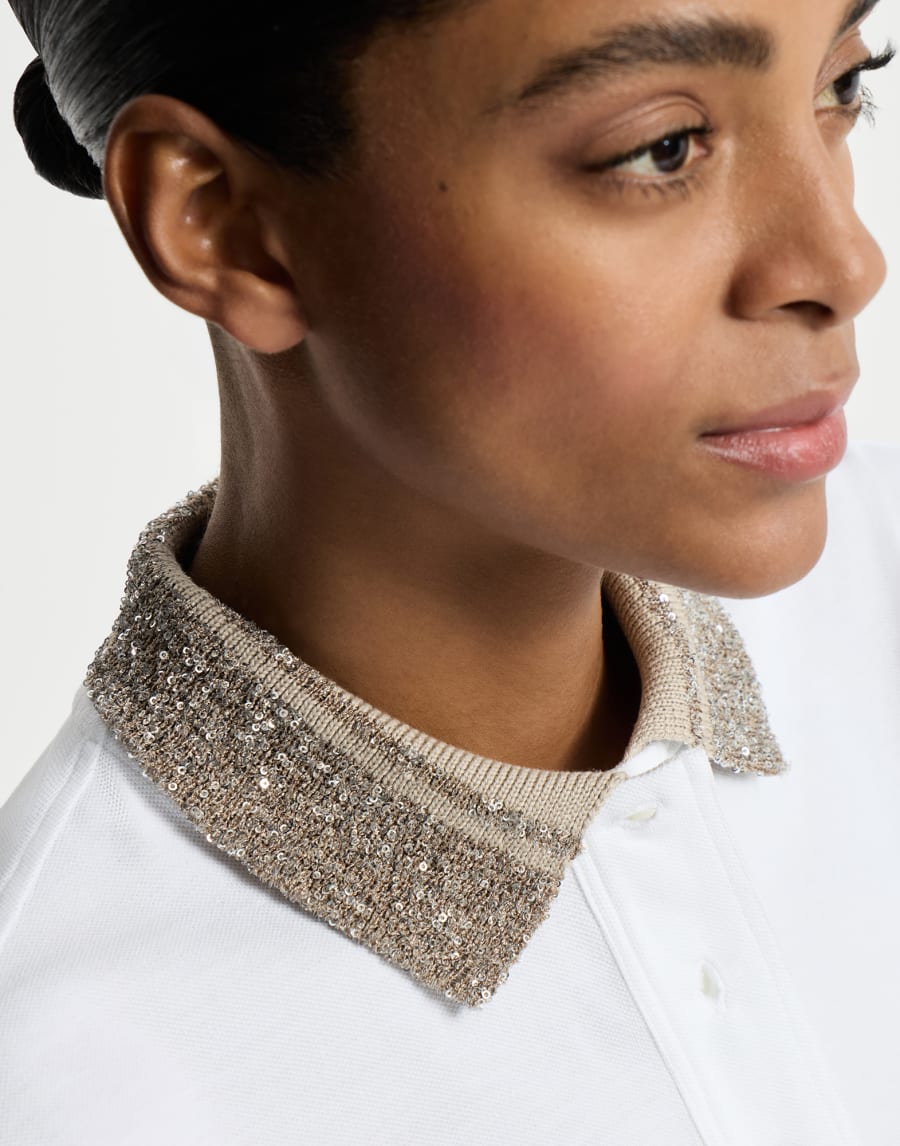 Shiny Knit Collar Cotton Jersey Polo - White