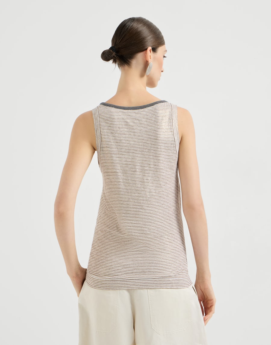 Striped sleeveless top in gold and silver linen jersey with shiny trim - Light Brown
