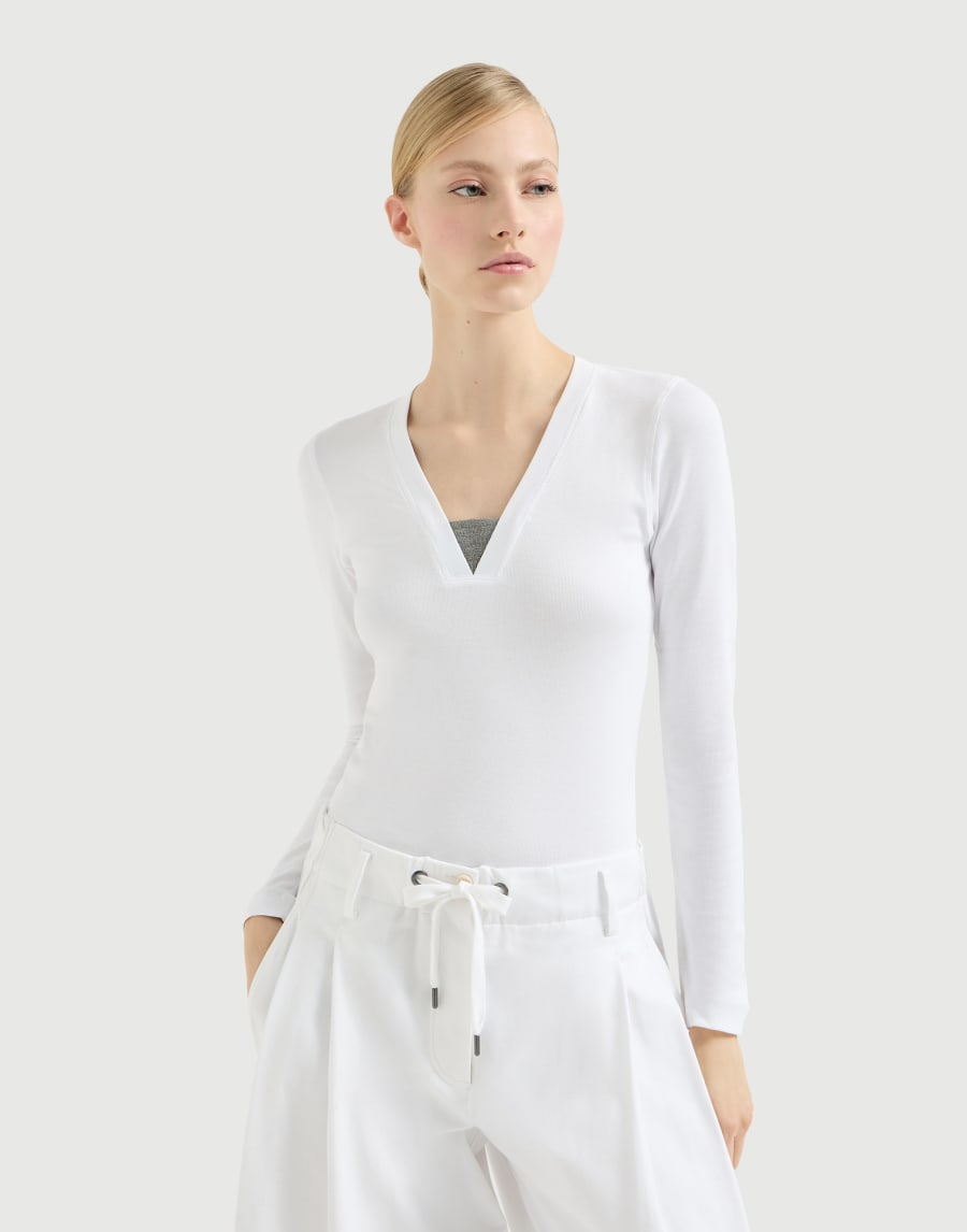Sleeveless top with delicate inlays in cotton stretch ribbed-knit - White